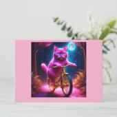 Roze kat rijdt op gouden fiets kaart (Staand voorkant)