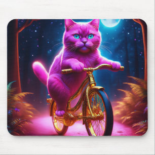 Roze kat rijdt op gouden fiets muismat