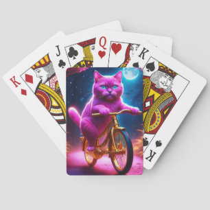 Roze kat rijdt op gouden fiets pokerkaarten