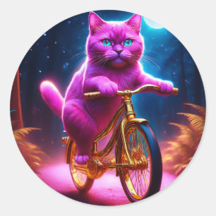 Roze kat rijdt op gouden fiets ronde sticker