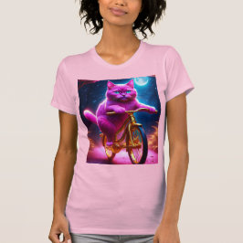 Roze kat rijdt op gouden fiets t-shirt