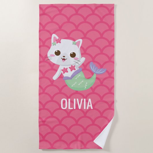 Roze kat roze schalen voor ormaïde zeemeermin, op  strandlaken (Voorkant)