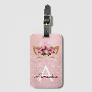 Roze Kat Sparkle Princess Monogram Naam Bagagelabel