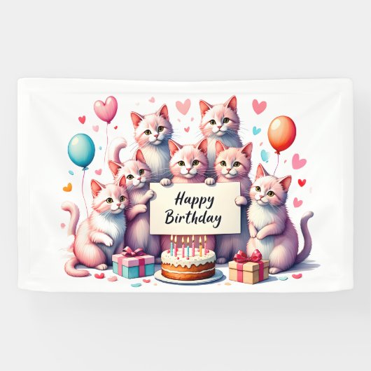Roze Kat Verjaardag Viering Illustratie Spandoek (Horizontaal)