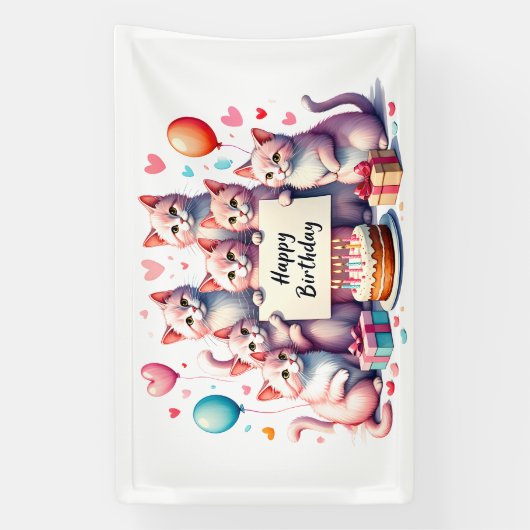 Roze Kat Verjaardag Viering Illustratie Spandoek (Verticaal)