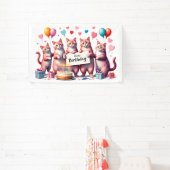 Roze Kat Verjaardag Viering Illustratie Spandoek (Insitu)