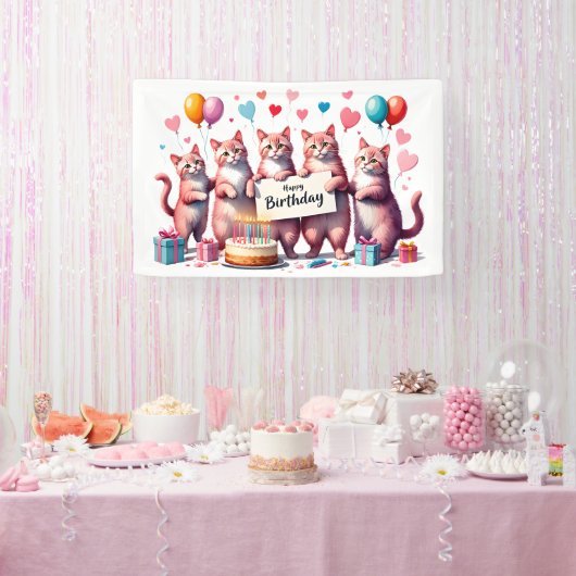 Roze Kat Verjaardag Viering Illustratie Spandoek (Feest)