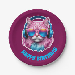 Roze kat verjaardagsfeestje papieren bordje