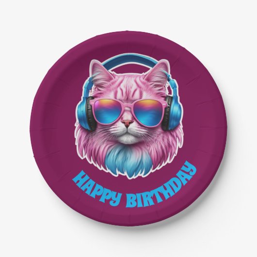 Roze kat verjaardagsfeestje papieren bordje (Voorkant)