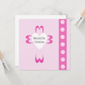 Roze katholieke doop dankkaart voor meisjes kaart (Voorkant / Achterkant in situ)