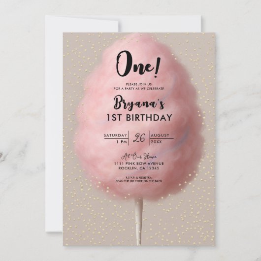 Roze Katoen Snoep Goud Confetti 1e Verjaardag Part Kaart (Voorkant)