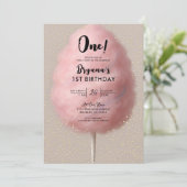 Roze Katoen Snoep Goud Confetti 1e Verjaardag Part Kaart (Staand voorkant)