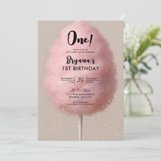 Roze Katoen Snoep Goud Confetti 1e Verjaardag Part Kaart (Staand voorkant)