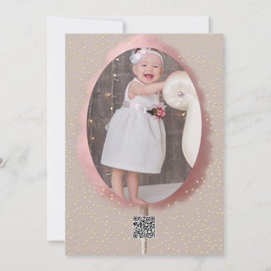 Roze Katoen Snoep Goud Confetti 1e Verjaardag Part Kaart (Achterkant)