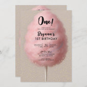 Roze Katoen Snoep Goud Confetti 1e Verjaardag Part Kaart (Voorkant / Achterkant)