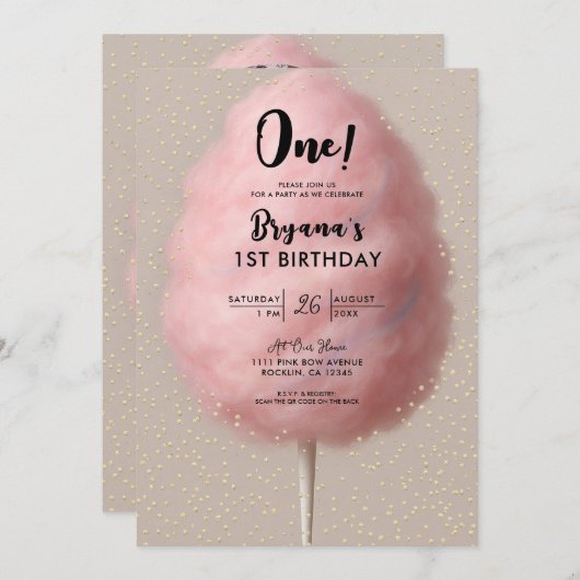 Roze Katoen Snoep Goud Confetti 1e Verjaardag Part Kaart (Voorkant / Achterkant)