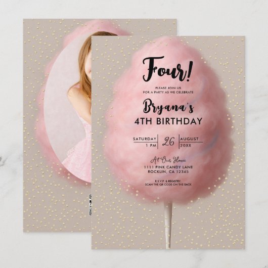 Roze Katoen Snoep Goud Confetti Verjaardagsfeest Kaart (Voorkant / Achterkant)