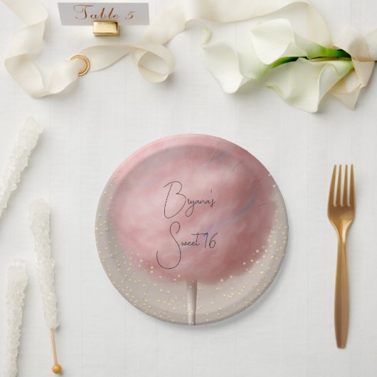 Roze Katoen Snoep Goud Confetti Verjaardagsfeest Papieren Bordje (Huwelijk)