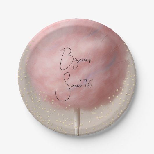 Roze Katoen Snoep Goud Confetti Verjaardagsfeest Papieren Bordje (Voorkant)