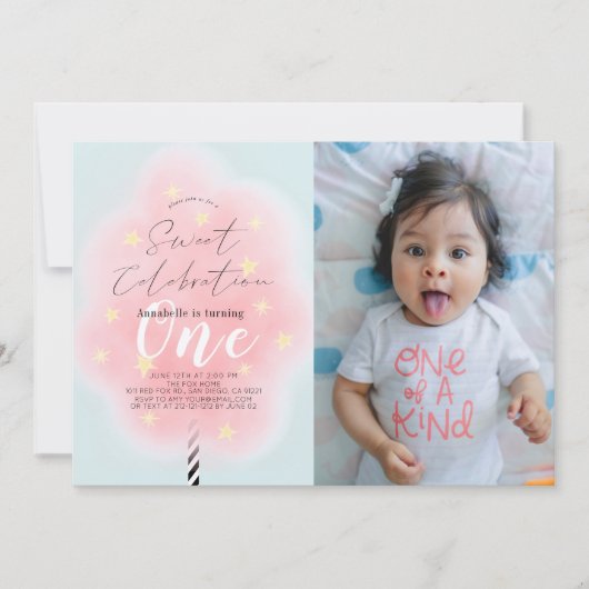 Roze Katoen Snoep Sweet Girl 1e Verjaardag Foto Kaart (Voorkant)