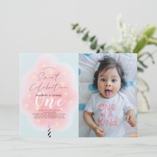 Roze Katoen Snoep Sweet Girl 1e Verjaardag Foto Kaart (Staand voorkant)