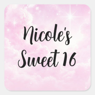 Roze Katoenen Candy Wolken Sterrenhemel Verjaardag Vierkante Sticker