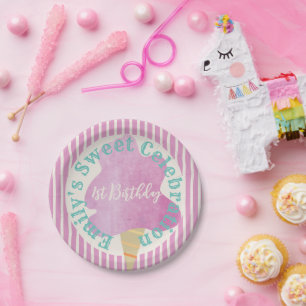 Roze katoenen Snoep Birthday Party Blauwgroen Tan Papieren Bordje