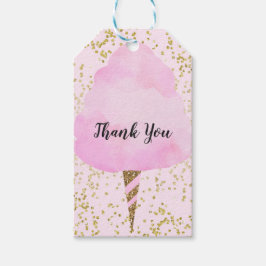 Roze katoensuikerspin en gouden confetti verjaarda cadeaulabel