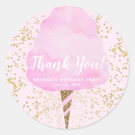 Roze katoensuikerspin en gouden confetti verjaarda ronde sticker