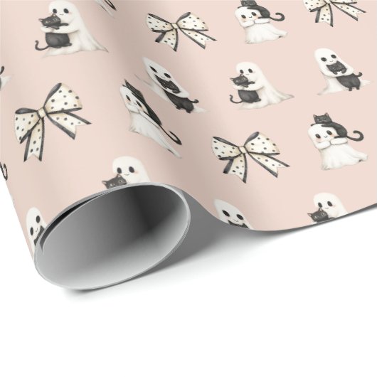 Roze katten en geesten Halloween Cadeaupapier (Rol Hoek)
