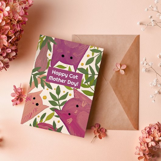 Roze katten en takken Happy cat moederdag Feestdagenkaart