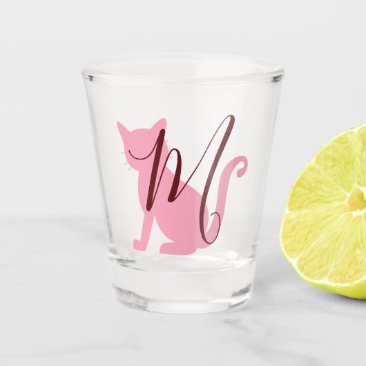 roze kattenmonogram shot glas (Voorkant)