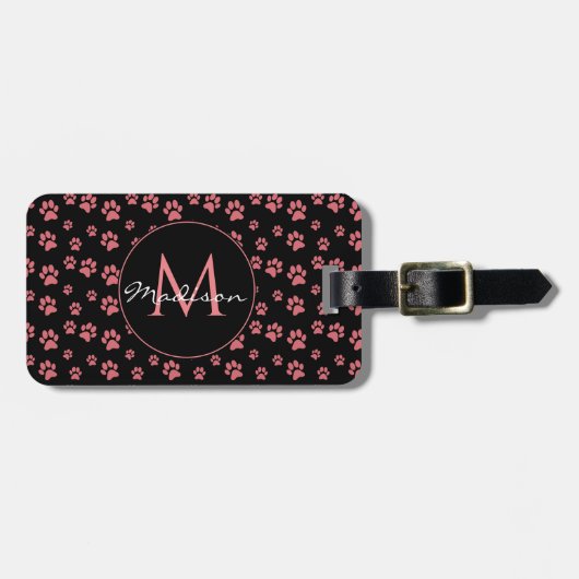 Roze Kattenpoten Leuke Patroon Monogram Bagagelabel (Voorkant horizontaal)