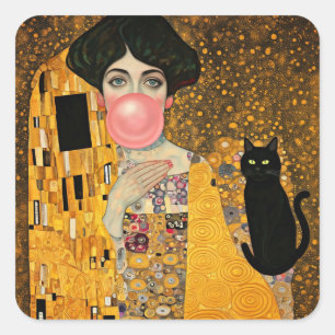 Roze Kauwgom Dames met Zwarte Kat Gustav Klimt Vierkante Sticker