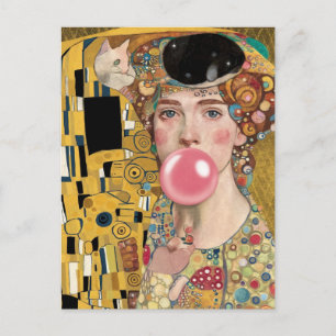 Roze Kauwgom Damesfiguur met Gustav Klimt Kat Kuns Briefkaart