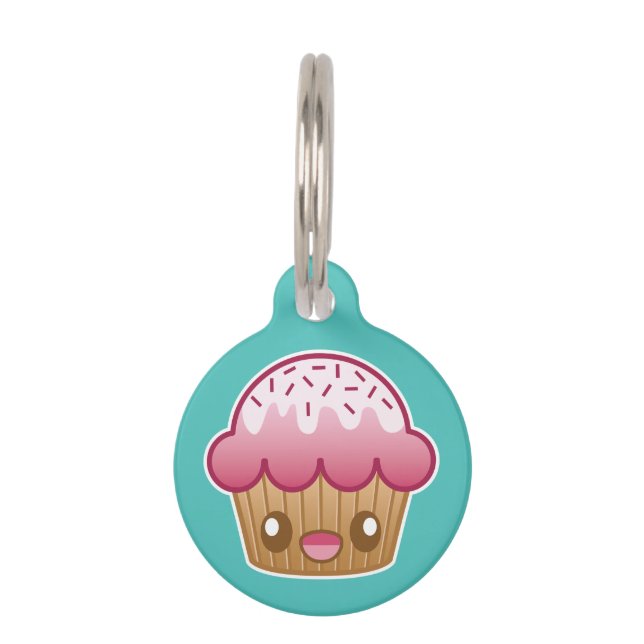 Roze Kawaii cupcake met aangepaste info Huisdierpenning (Voorkant)
