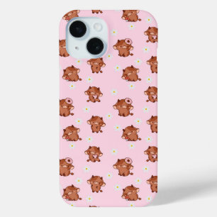 Roze Kawaii Hooglanders Naadloos Patroon iPhone 15 Case