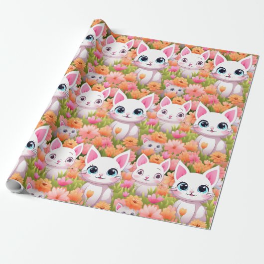 Roze Kawaii Kat Cadeaupapier (Uitgerold)
