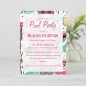 Roze Kawaii Katten Pool Party Verjaardag Uitnodigi Kaart (Staand voorkant)