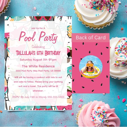 Roze Kawaii Katten Pool Party Verjaardag Uitnodigi Kaart
