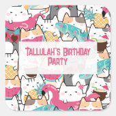 Roze Kawaii Katten Pool Party Verjaardag Vierkante Sticker (Voorkant)