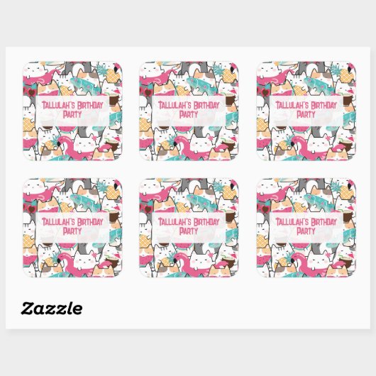Roze Kawaii Katten Pool Party Verjaardag Vierkante Sticker (Vel)