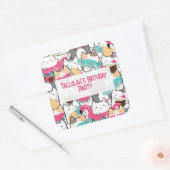 Roze Kawaii Katten Pool Party Verjaardag Vierkante Sticker (Envelop)