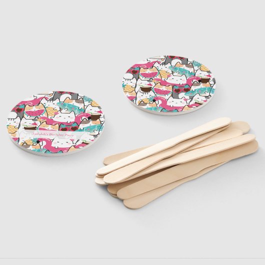 Roze Kawaii Katten Pool Verjaardagsfeest Handwaaier (Niet-gemonteerd)