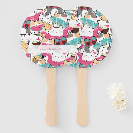 Roze Kawaii Katten Pool Verjaardagsfeest Handwaaier (Voorkant en achterkant)