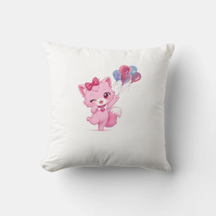 Roze Kawaii Knuffel met Kleurrijke Ballonnen – Kussen