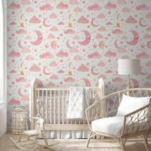 Roze Kawaii Night Sky Pattern Baby kwekerij Behang