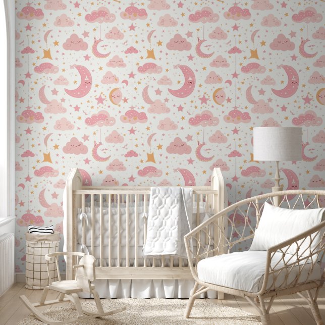 Roze Kawaii Night Sky Pattern Baby kwekerij Behang (Kinderen)