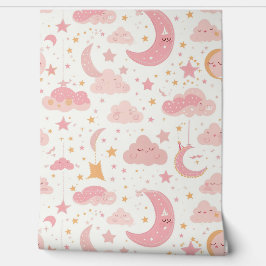 Roze Kawaii Night Sky Pattern Baby kwekerij Behang