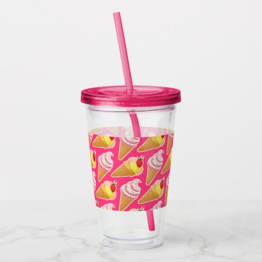Roze Kawaii-patroon met aardbeienijs Acryl Drinkbeker (Links)